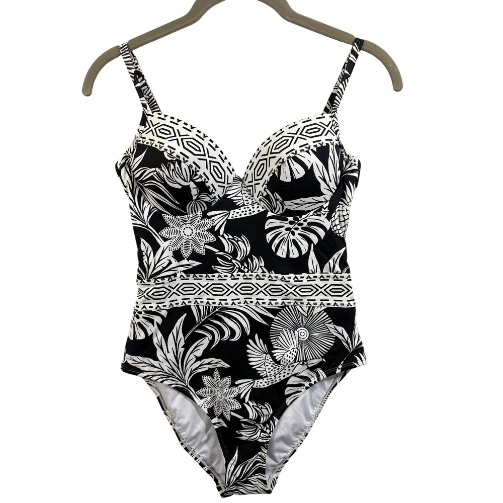 Bleu Rod Beattie Black White Tropical Underwire One Piece Swimsuit 4 S